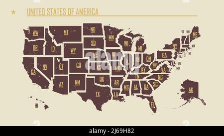 Detaillierte Vintage-Karte der Vereinigten Staaten von Amerika aufgeteilt in einzelne Staaten mit den Abkürzungen 50 Staaten, Vektorgrafik Stock Vektor