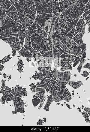 Stadtplan Helsinki, monochromer Detailplan der Stadt, Flüsse und Straßen, Vektorgrafik Stock Vektor