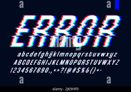 Vektorschriftart mit Glitch-Effekt, Digital verzerrte stilisierte tv-Bug-Buchstaben und -Zahlen, Vektordarstellung Stock Vektor