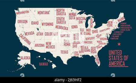 Karte der Vereinigten Staaten von Amerika, mit Grenzen und Staatsnamen, detaillierte Vektordarstellung Stock Vektor