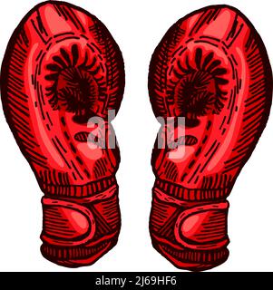 Rote Boxhandschuhe skizzieren auf isoliertem weißem Hintergrund. Vintage Sportausrüstung für Kickboxen in gravierter Optik. Vektor handgezeichnetes Design für poste Stock Vektor
