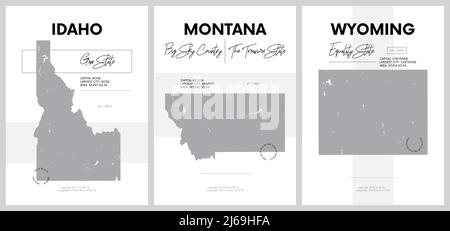 Vektorplakate mit detailreichen Silhouetten von Karten der Staaten von Amerika, Division Mountain - Idaho, Montana, Wyoming - Set 15 von 17 Stock Vektor