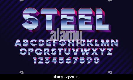 Retro futuristische lateinische Schrift, glänzende Chrom Buchstaben und Zahlen, stilvolle Retro Synth Wave Alphabet metallischen Effekt in 80s Stil Vektor-Schrift Stock Vektor