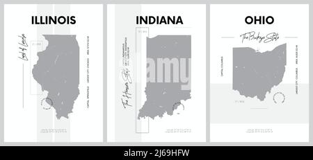 Vektorplakate mit detailreichen Silhouetten von Karten der Staaten von Amerika, Division East North Central - Illinois, Indiana, Ohio - Set 4 von 17 Stock Vektor