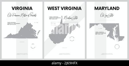 Vektorplakate mit detailreichen Silhouetten von Karten der Staaten von Amerika, Division South Atlantic - Virginia, West Virginia, Maryland - Set 8 Stock Vektor