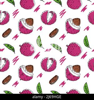 Nahtloses Muster aus exotischem Lychee-Obst, handgezeichneter Skizzenkritze. Litschi. Obst und Blätter. Obst. Vektor einfache Illustration Stock Vektor