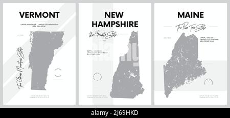 Vektorplakate mit hoch detaillierten Silhouetten von Karten der Staaten von Amerika, Division New England - Vermont, New Hampshire, Maine - Set 1 von 17 Stock Vektor