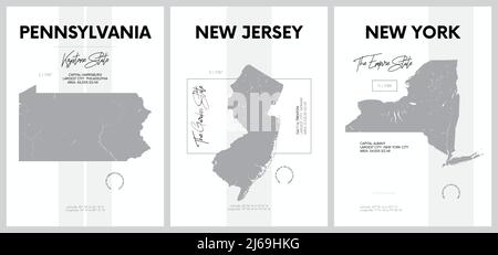Vektorplakate mit detailreichen Silhouetten von Karten der Staaten von Amerika, Division Mid-Atlantic - Pennsylvania, New Jersey, New York - Set 3 o Stock Vektor