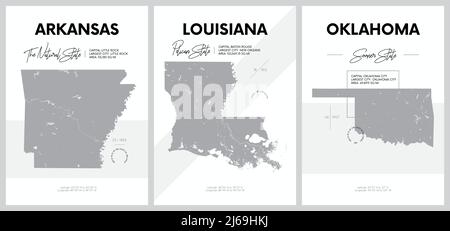 Vektorplakate mit detailreichen Silhouetten von Karten der Staaten von Amerika, Division West South Central - Arkansas, Louisiana, Oklahoma - Set 12 Stock Vektor