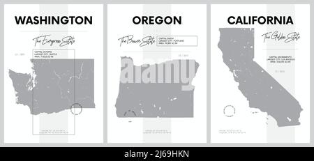 Vektorplakate mit detailreichen Silhouetten von Karten der Staaten von Amerika, Division Pacific - Washington, Oregon, California - Set 16 von 17 Stock Vektor