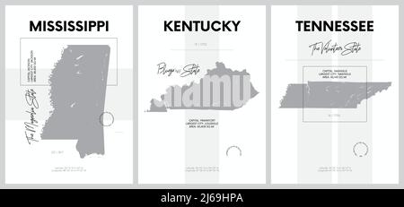 Vektorplakate mit hoch detaillierten Silhouetten von Karten der Staaten von Amerika, Division East South Central - Mississippi, Kentucky, Tennessee - Set Stock Vektor