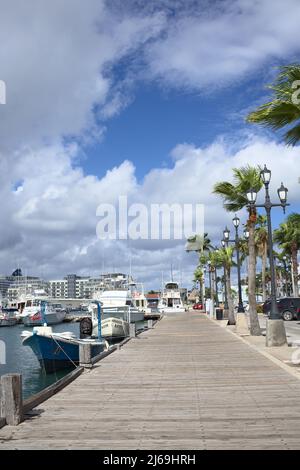 ORANJESTAD, ARUBA - 14. DEZEMBER 2020: Fischerboote in der Wind Creek Marina im Zentrum von Oranjestad auf der Karibikinsel Aruba Stockfoto