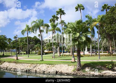 ORANJESTAD, ARUBA - 16. DEZEMBER 2020: Queen Wilhelmina Park im Stadtzentrum von Oranjestad auf der Karibikinsel Aruba (Selective Focus) Stockfoto