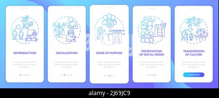 Funktionen sozialer Einrichtungen blauer Gradient Onboarding mobile App Bildschirm Stock Vektor