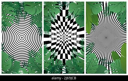 Abstrakter hypnotischer Hintergrund optischer Illusion mit exotischen tropischen Blättern, Vektorgrafik Stock Vektor