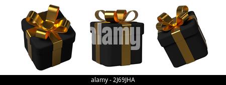 3D Geschenkschachtel mit Schleife, golden und schwarz Stockfoto