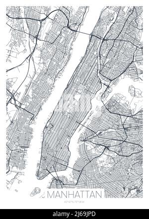 Detaillierte Stadtkarte von Manhattan, New York City, Vektorposter oder Postkarte für Stadtstraße und Parkplan Stock Vektor