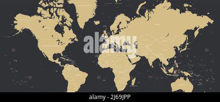 Detaillierte Weltkarte in Retro-Farben mit Rahmen und Ländernamen, Widescreen-Vektorgrafik 21-9 Stock Vektor