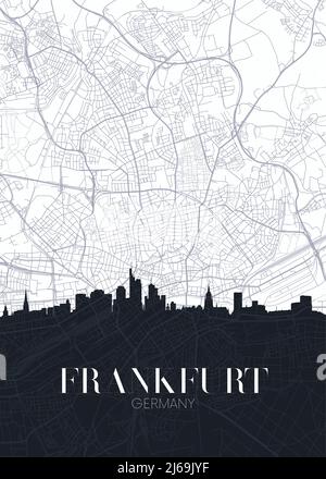 Skyline und Stadtplan von Frankfurt am Main, detaillierter Stadtplan Vektordruck-Poster Stock Vektor