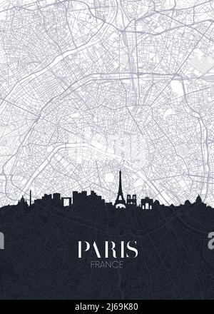 Skyline und Stadtplan von Paris, detailliertes Stadtplan-Vektor-Poster Stock Vektor