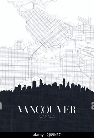 Skyline und Stadtplan von Vancouver, detailliertes Stadtplan-Vektor-Poster Stock Vektor