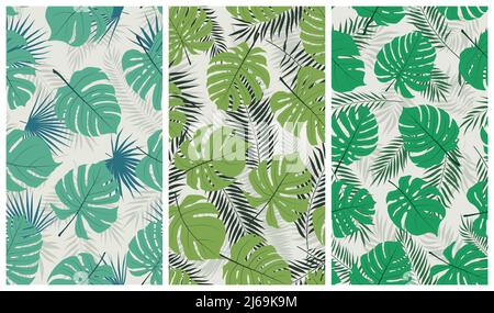 Trendiges tropisches nahtloses Muster mit exotischen Dschungelblättern Monstera und Palmen, Vektor-Set von Illustrationen Stock Vektor