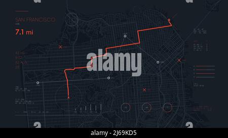 Futuristische Navigate-Mapping-Technologie Dashboard GPS-Tracking-Karte, zeigt die Bewegung und das endgültige Ziel auf den Straßen der Stadt San Francisco Stock Vektor