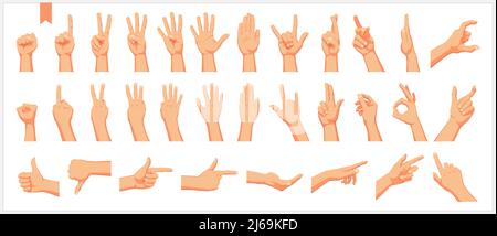 Satz von realistischen menschlichen Händen, Zeichen und Gesten, Figuren und Fingerbewegungen isolierte Vektor-Illustrationen auf weißem Hintergrund Stock Vektor