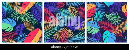 Set von nahtlosen Mustern mit exotischen bunten Blättern von Monstera, Bananenbaum und Palmen Zweige, hell trendigen Vektor tropischen Hintergründe Stock Vektor