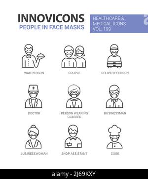 Menschen in Gesichtsmasken - Linie Design Stil Symbole gesetzt Stock Vektor