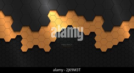Abstraktes sechseckiges Muster mit schwarzem und goldenem Hintergrund Stock Vektor