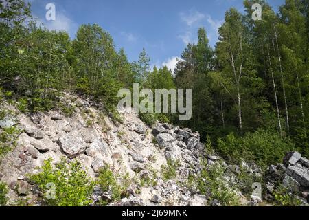 Ehemalige Marmor-Steinbruchlandschaft mit Kiefern, die auf Felsen wachsen. Ruskeala, Republik Karelien, Russland Stockfoto