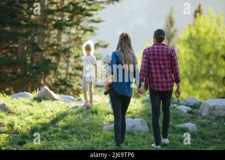 Familie hält Hände, die in den Bergen von Utah gemeinsam durch den Wald wandern Stockfoto