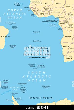 Politische Landkarte der Südatlantischen Inseln. Inseln und Inselgruppen zwischen Afrika und Brasilien, Kap Verde und der Antarktis. Stockfoto