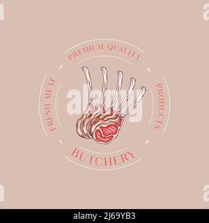 Logo von Metzgerei mit Tomahawk Steak Text Metzgerei Bauernmarkt, frisches Fleisch. Logo-Vorlage für Fleisch Geschäft, Markt, Restaurant oder Stock Vektor