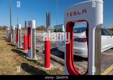 Beaver Dam, Kentucky - Ein Auto lädt an einer Tesla-Ladestation in einem Rastplatz am Western Kentucky Parkway. Stockfoto