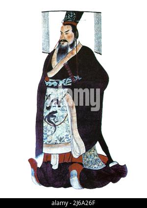 Qin Shi Huang (259 v. Chr.-210 v. Chr.). Porträt des Gründers der Qin-Dynastie und des ersten Kaisers eines Vereinigten Chinas. Abbildung, um 1850, aus "Chinas Terrakotta-Armee und dem Mausoleum des ersten Kaisers" von Zhongyi Yuan Stockfoto
