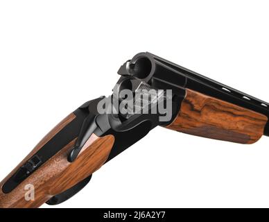 Jagd doppelläufigen Gewehr auf einem weißen Hintergrund. Doppel Schrotflinte auf Rückseite weiß isoliert. Stockfoto