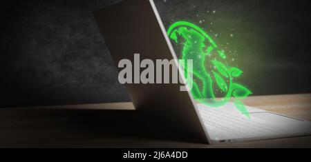 Laptop weltweit vernetzt Green Eco Sustainability Technology Concept 3D Render Stockfoto
