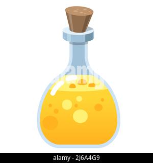 Hexenglasflasche. Alchemie-Elixier im Glaskolben. Kork und Gelbtrank, Zeichentrickvektor. Zaubertrank von Hexe oder Gift. Stock Vektor