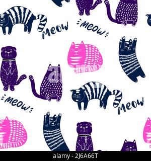 Nahtloses Muster mit lustigen Katzen, niedlichen Doodle nahtloser Hintergrund für Kinder und Baby-Textil-Design. Stock Vektor