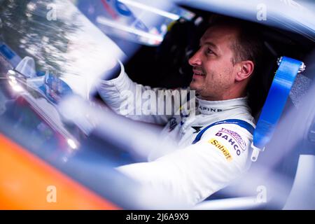 Charbonnieres-les-Bains, Frankreich. 29. April 2022. SAUNIER Julien, VAUCLARE Fred, Alpine A110, Portrait während der Rallye Rhône Charbonnières 2022, 2. Runde des Championnat de France des Rallye 2022, vom 28. Bis 30. April in Charbonnières-les-Bains, Frankreich - Foto Bastien Roux / DPPI Credit: DPPI Media/Alamy Live News Stockfoto