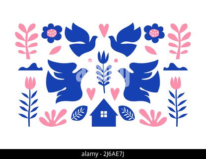 Nordisches Folk-Muster mit Vögeln und floralen Elementen Stock Vektor