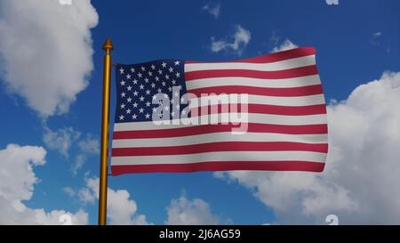 Nationalflagge der Vereinigten Staaten von Amerika 3D Render mit Fahnenmast und blauem Himmel, amerikanischer oder US-Flaggenstoff, US-Flaggenonkel sam oder großer Bruder Stockfoto