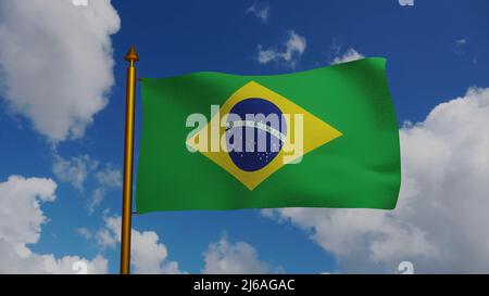 Nationalflagge Brasiliens winkt 3D Render mit Fahnenmast und blauem Himmel, brasilianisches Flaggengewebe oder Bandeira do Brasil, Föderative Republik Brasilien Stockfoto