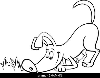 Schwarz-Weiß-Cartoon-Illustration von lustigen schnüffelnd Hund Tier Charakter Färbung Buchseite Stock Vektor