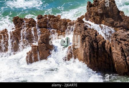 An einem sonnigen Tag stürzten Wellen auf Felsen mit Seelöwenskulpturen in Newport Beach, Kalifornien Stockfoto