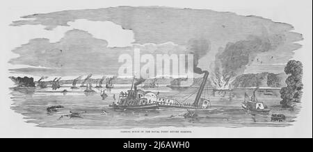 Schlussszene des Naval Fight vor Memphis, US RAM Fleet, First Battle of Memphis, 1862, amerikanischer Bürgerkrieg. 19.-Jahrhundert-Illustration Stockfoto