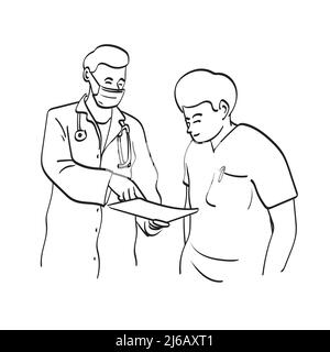 Männliche professionelle Arzt und Assistent diskutieren Aufgaben mit medizinischen Diagramm Illustration Vektor Hand gezeichnet isoliert auf weißem Hintergrund Linie Kunst. Stock Vektor