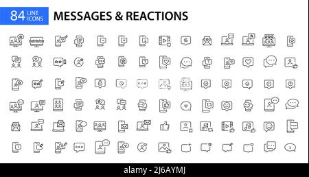 Symbole für 84 Nachrichten und Reaktionen in sozialen Medien. Pixel perfekt, bearbeitbare Kontur, Strichkunst Stock Vektor